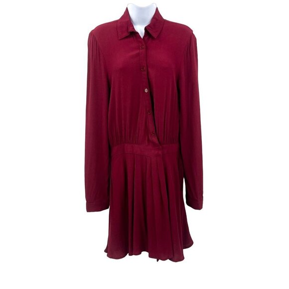 Tobi Button Up Shirt Dress Long Sleeve Collared Faux Wrap Draped Burgundy - Picture 2 of 9